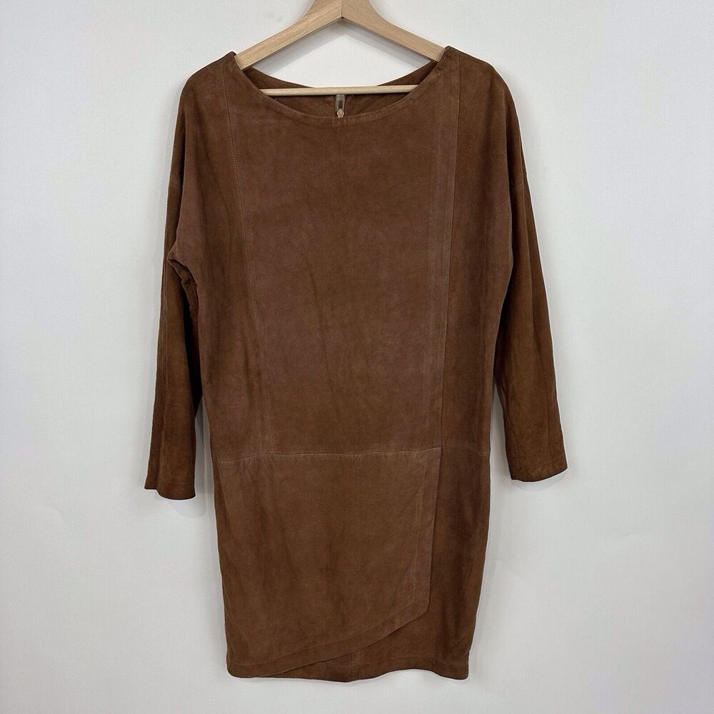 Ann Taylor Vintage Suede Leather Dress sz L Cognac Brown Wrap Effect 80's Retro